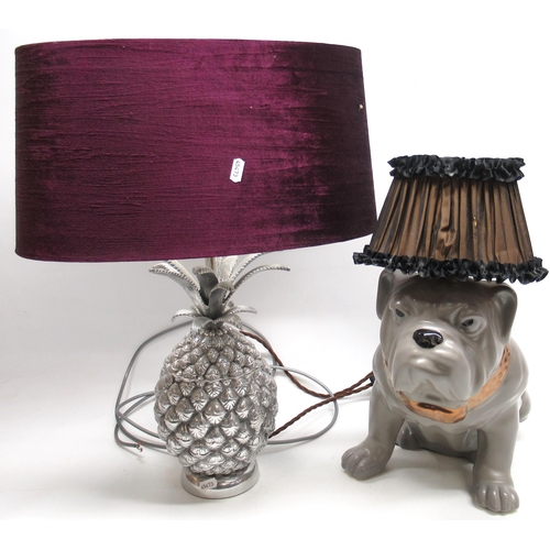 1141 - Contemporary table lamp, modelled as a seated grey English bulldog and a silvered metal pineapple ta... 