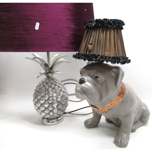 1141 - Contemporary table lamp, modelled as a seated grey English bulldog and a silvered metal pineapple ta... 