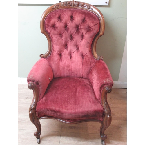 1341 - Victorian carved walnut framed button back  nursing chair, upholstered in red on cabriole legs, H111... 