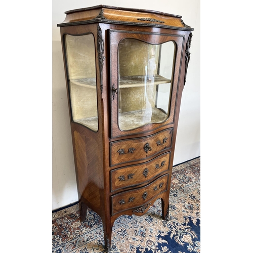 1311 - French gilt metal mounted kingwood and walnut serpentine front Vitrine, with rouge marble top and gl... 