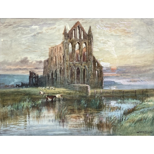 1215 - John Wynne Williams (British fl.1900-1920); Whitby Abbey with setting sun and cattle watering, water... 