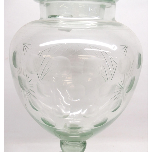 1135 - Large late 19th century clear glass Chemists jar and cover with faceted finial, urn body with etched... 