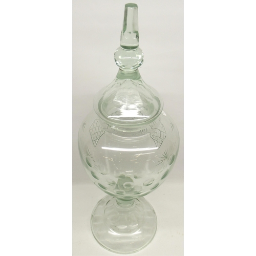 1135 - Large late 19th century clear glass Chemists jar and cover with faceted finial, urn body with etched... 