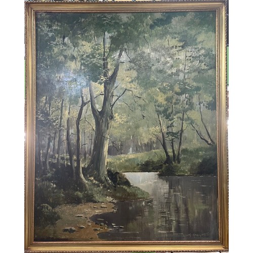 1246 - Lewis Creighton (British 1918-1996): Woodland River scene, oil on board, signed 120cm x 95cm