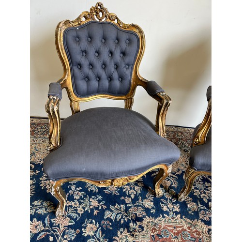 1319 - Pair of French gilt framed Fauteuil, cartouche shaped backs and serpentine seats on cabriole legs, W... 