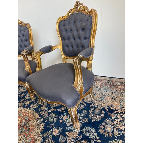 1319 - Pair of French gilt framed Fauteuil, cartouche shaped backs and serpentine seats on cabriole legs, W... 