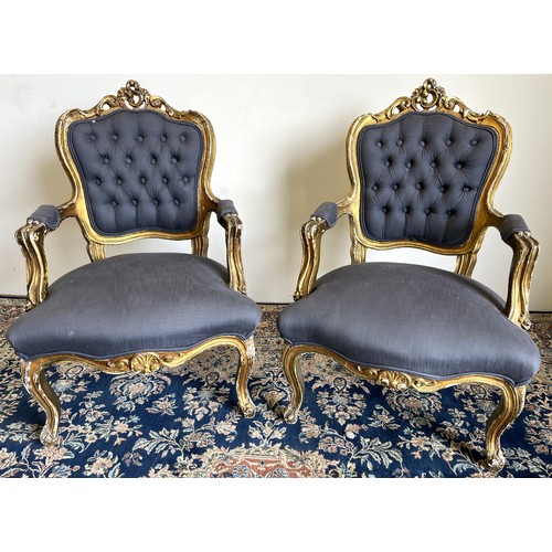 1319 - Pair of French gilt framed Fauteuil, cartouche shaped backs and serpentine seats on cabriole legs, W... 