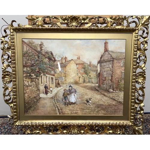 1245 - Madelein Bagshaw (British late 19th century); Figures walking with a dog on a cobbled Village street... 