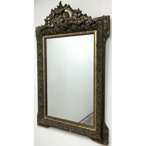 1302 - 19th century giltwood and gesso framed rectangular wall mirror, cushion frame with C scroll and acan... 