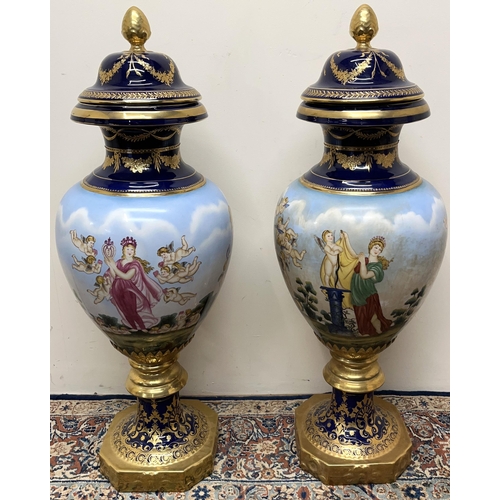 1127 - Pair of large Meissen style gilt decorated urn shaped floor vases, bodies with Classical maidens and... 