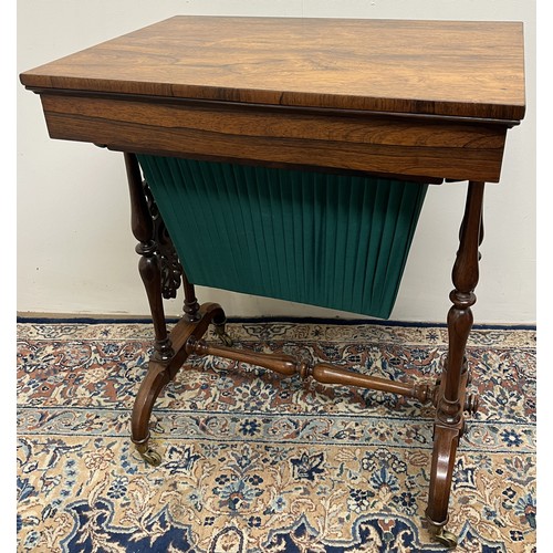 1305 - T & G Seddon - Victorian rosewood rectangular sewing table, with frieze drawer above a green pleated... 