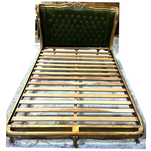 1316 - French Rococo style gilt framed bedstead, curved button upholstered headboard with serpentine top ra... 