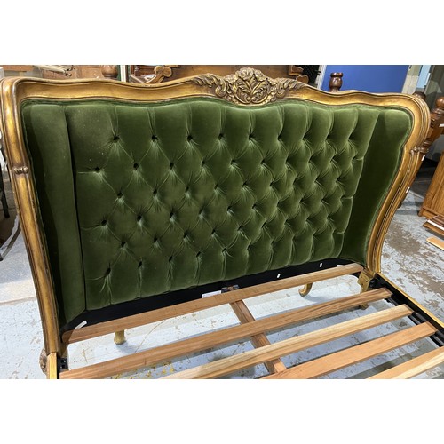 1316 - French Rococo style gilt framed bedstead, curved button upholstered headboard with serpentine top ra... 