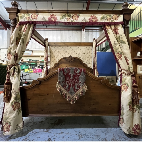 1309 - Victorian style pine four poster bed, turned column supports with moulded cornice and arched head an... 