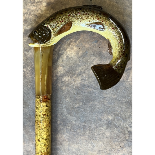 1107 - Craftsman made stick, horn handle shaped and painted as a Rainbow Trout, L115cm, another stick with ... 