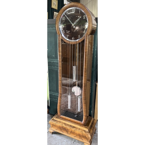 1117 - Art Deco walnut longcase clock, 15in circular dial with applied chrome Arabic numerals and pierced a... 