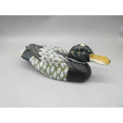 1108 - Painted wooden decoy Mallard duck, mottled plumage and glass eyes, L24cm H10cm