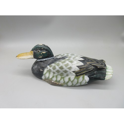 1108 - Painted wooden decoy Mallard duck, mottled plumage and glass eyes, L24cm H10cm