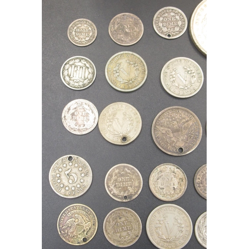 556 - Collection of C19th American coins to inc. collection of silver content dimes, 3 cents, 5 cents and ... 