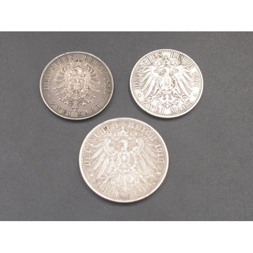 534 - 1888 Zwei Mark silver coin, 1901 Zwei Mark silver coin and a 1910 Drei Mark silver coin (gross 1.24o... 