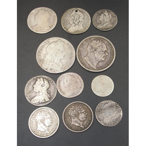 515 - Collection of shillings, crowns etc. from George II, George III, George IV, William IV, Charles II, ... 