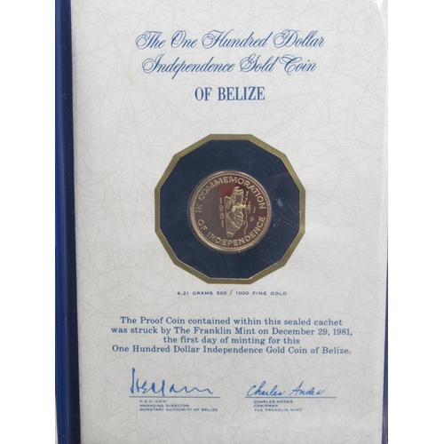 510 - Franklin Mint - The One Hundred Dollar Independence Gold Coin of Belize, 12ct 6.2g, in Franklin Mint... 