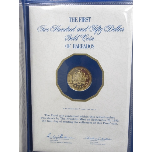 506 - Franklin Mint - The First Two Hundred and Fifty Dollar Solid Coin of Barbados, 21ct 6.6g, in Frankli... 