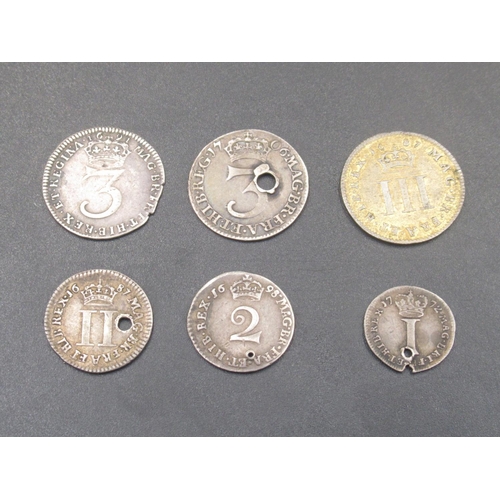 535 - Queen Anne 1706 3 pence, James II 1687 2 pence and 3 pence, William III and Mary II 1691 3 pence, Wi... 