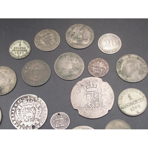 543 - Collection of coins to inc. 1824 1 Franc, 1790 Spanish Real, 175* Escalin, 1870 Pesata, 1797 4 Grosc... 