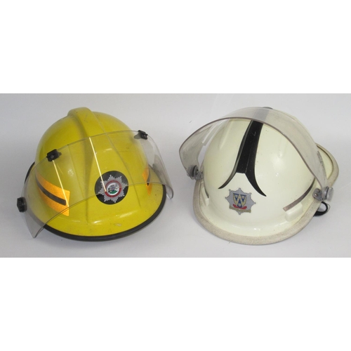 1288 - Five British vintage firefighter helmets of various styles and eras, including a c1990 Cromwell 'Fir... 