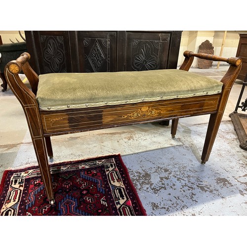 1155A - Edwardian inlaid rosewood duet piano stool, scroll arms and upholstered hinged seat on square suppor... 