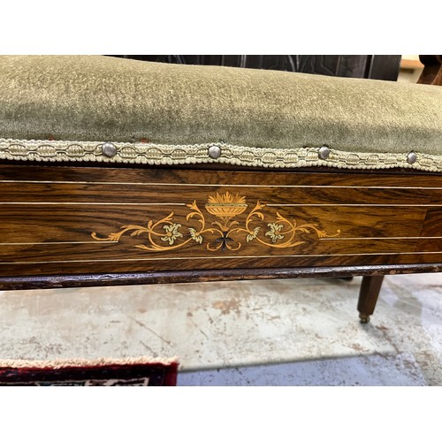 1155A - Edwardian inlaid rosewood duet piano stool, scroll arms and upholstered hinged seat on square suppor... 