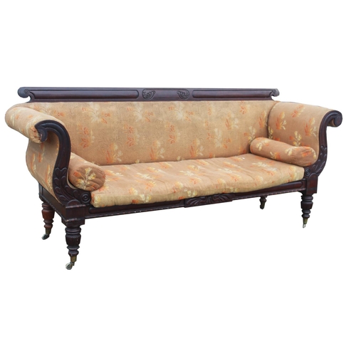 Victorian mahogany famed scroll end upholstered sofa, carved back and bead carved frieze on lobed supports with casters, W230cm