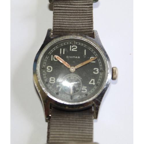 1251 - Civitas German Military Wrist watch. Steel case with black face, subsidiary second hand dial. Serial... 