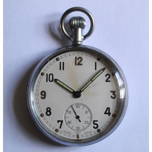 1258 - Tissot43. 1940's military pocket watch, white face and subsidiary second hand dial. Stamped with bro... 