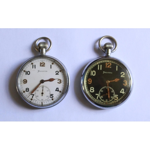 1259 - Two Helvetia military pocket watches. One black face and one white, both with  subsidiary second han... 