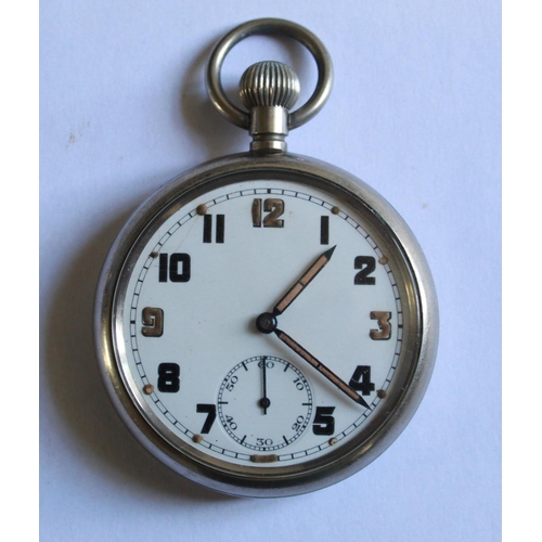 1261 - Ingersoll Leader WWII R.A.F. issue pocket watch with black face and subsidiary second hand dial. Sta... 