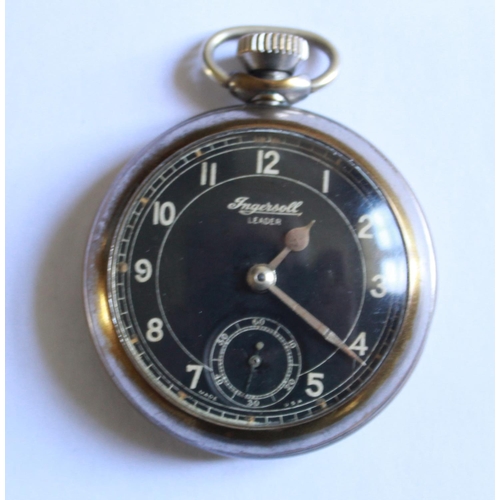 1261 - Ingersoll Leader WWII R.A.F. issue pocket watch with black face and subsidiary second hand dial. Sta... 