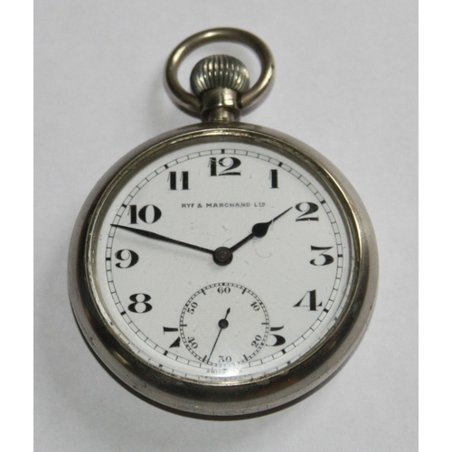 1264 - Ryf & Marchand Ltd. WWI issue pocket watch. Steel case with white face and subsidiary second hand di... 