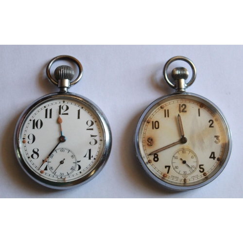 1266 - WWI issue pocket watch. Steel case and white face with subsidiary second hand dial. Stamped with bro... 