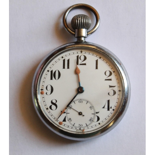 1266 - WWI issue pocket watch. Steel case and white face with subsidiary second hand dial. Stamped with bro... 