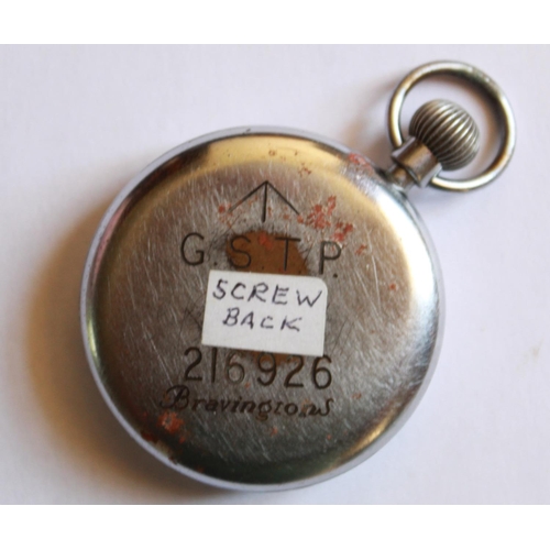 1266 - WWI issue pocket watch. Steel case and white face with subsidiary second hand dial. Stamped with bro... 