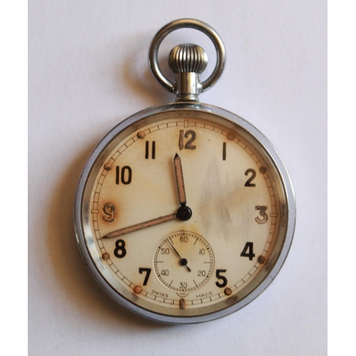 1266 - WWI issue pocket watch. Steel case and white face with subsidiary second hand dial. Stamped with bro... 