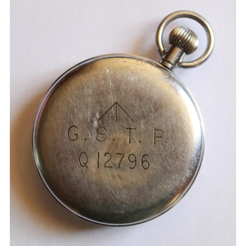 1266 - WWI issue pocket watch. Steel case and white face with subsidiary second hand dial. Stamped with bro... 