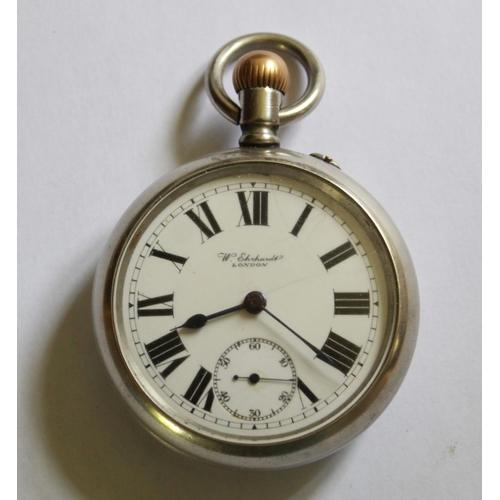 1267 - W. Ehrhardt of London WWI period pocket watch. Steel case. White enamel face with Roman numerals and... 