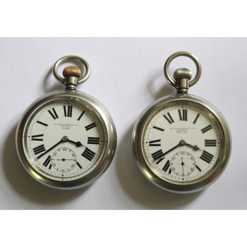 1268 - Pair of H. Williamson Ltd of London WWI steel cased military pocket watch's. White enamel faces, Rom... 