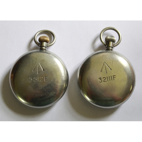 1268 - Pair of H. Williamson Ltd of London WWI steel cased military pocket watch's. White enamel faces, Rom... 