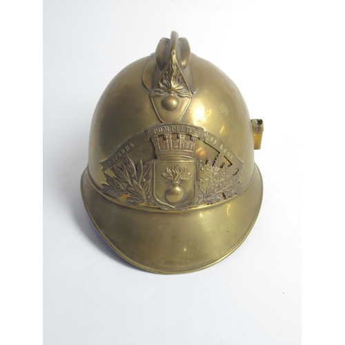 1308 - Early C20th Adrian pattern brass French fireman helmet with Laon Fire Brigade shield