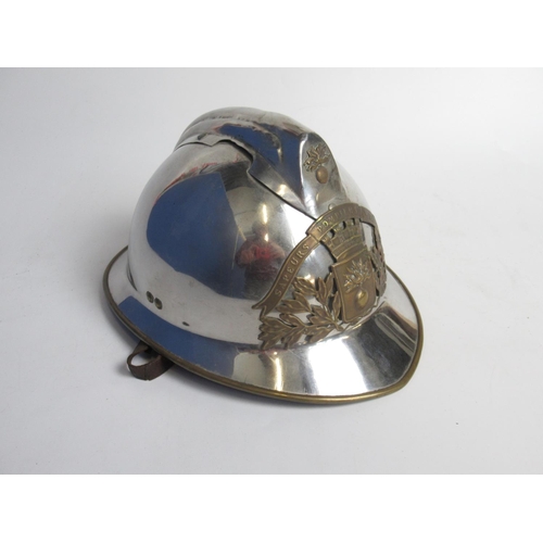 1309 - C20th Adrian pattern chrome-plated French fireman helmet with original lining and Lumbres Fire Briga... 