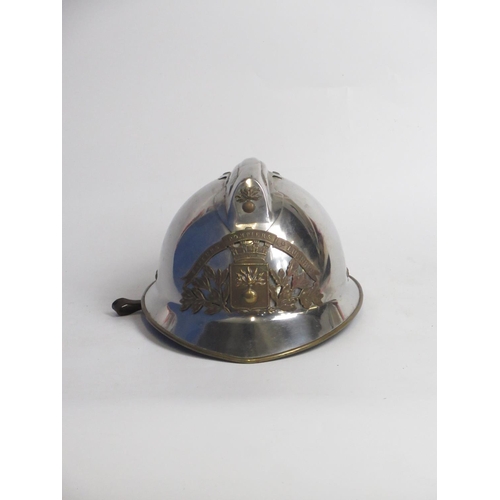 1309 - C20th Adrian pattern chrome-plated French fireman helmet with original lining and Lumbres Fire Briga... 